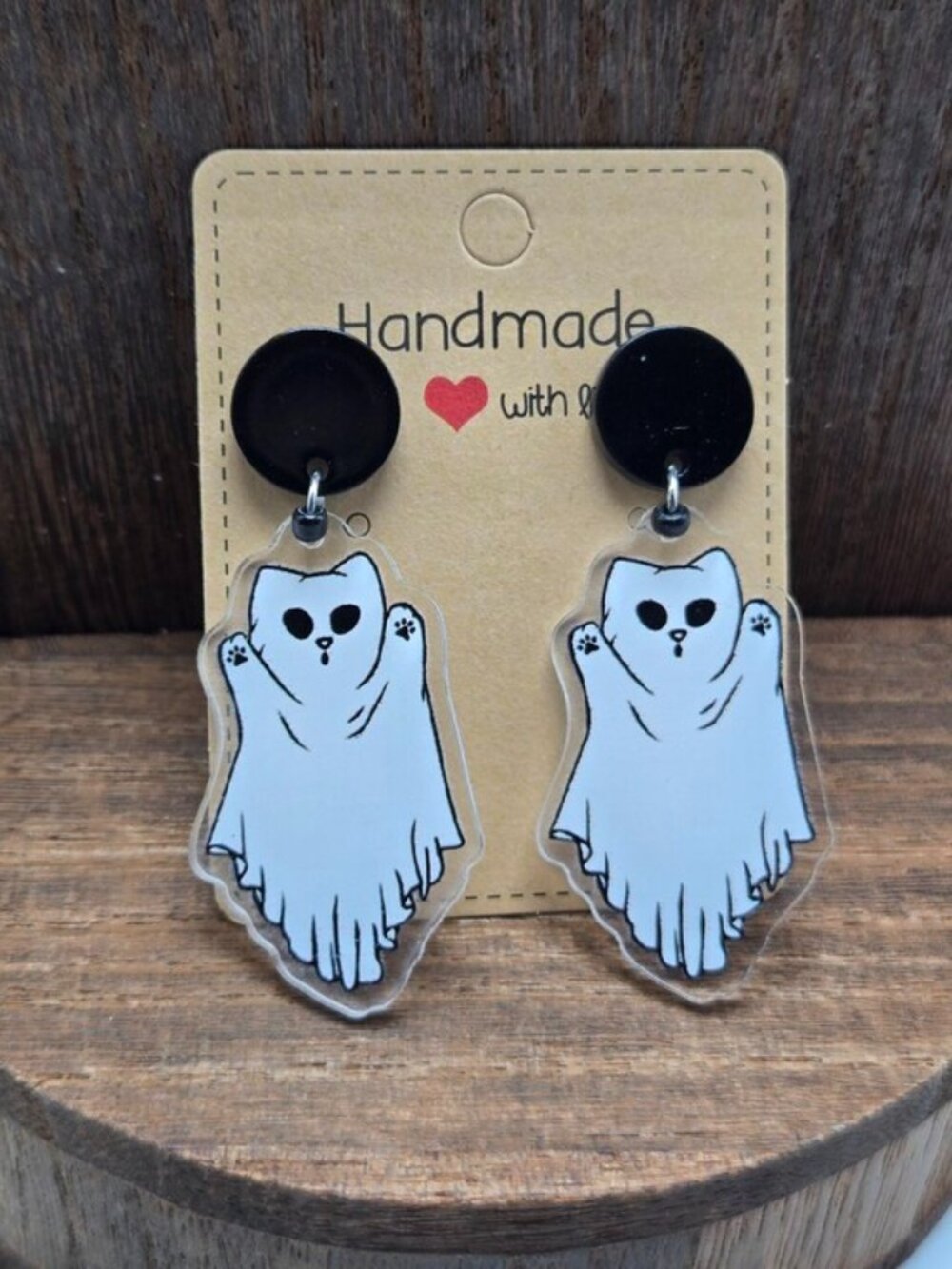NWT Halloween Cat Ghost Earrings Pierced Acrylic Fall Figural Dangle Drop OOAK